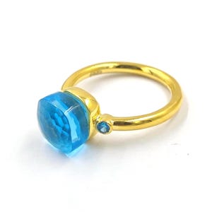 Swiss Blue Topaz Gemstone With Tiny 2mm Swiss Blue Topaz Ring 925 Sterling Silver With Gold Plated Ring Gift For Women