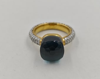 Dark London Blue Topaz Gemstone Full Band Moissanite Ring 925 Sterling Silver With Gold Plated Ring Christmas Gift for Women