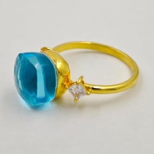 Swiss Blue Topaz Ring With Moissanite 925 Sterling Silver With Gold Plated Ring Gift For Women