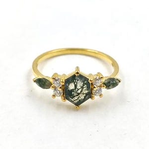 Moss Agate Ring With Moissanite Gemstone 925 Sterling Silver With Gold Plated Ring Gift For Women, Jewelry For Girl&#39;s And Women&#39;s