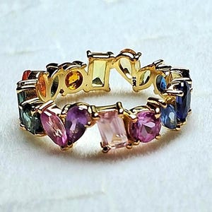 Multi Rainbow Sapphire Gemstone Ring 925 Sterling Silver 24k Gold Plated For Love