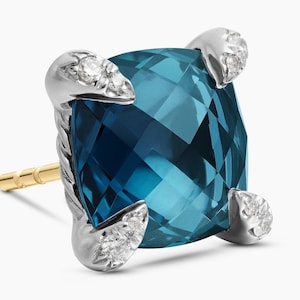 London Blue Topaz  With Moissanite Stud Earrings 925 Sterling Silver With Gold Plated Earrings Gift For Her