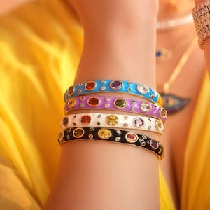Multi Rainbow Gemstone Cuff Enamel Bracelet 925 Sterling Silver With Gold Plated Bracelet Gift For Women