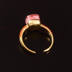 Pink Tourmaline Gemstone With Tiny Hessonite Adjustable Ring 925 Sterling Silver With Gold Plated Jewelry