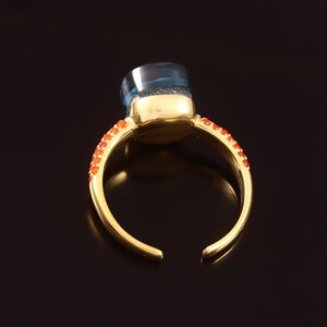 London Blue Topaz Gemstone With Tiny Hessonite Adjustable Ring 925 Sterling Silver With Gold Plated Jewelry