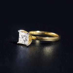 Natural Moissanite Princess Solitaire Floral Prong Ring 925 Sterling Silver Ring With Gold Plating, Prong Moissanite  Anniversary Ring