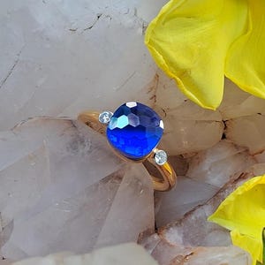 Blue Sapphire Gemstone With 2mm Moissanite Ring 925 Sterling Silver With Gold Plated Ring Gift For Women