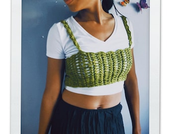 Crochet Cropped Merino Wool Top: Scalloped Straps, Size S/M