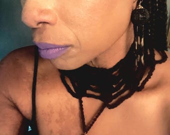 Crochet Choker Necklace: Witchy Goth Collar with Black Stone