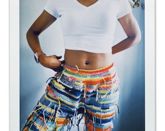 Custom Crochet Fringe Pants: Colorful Acrylic Knit Slouch Pants