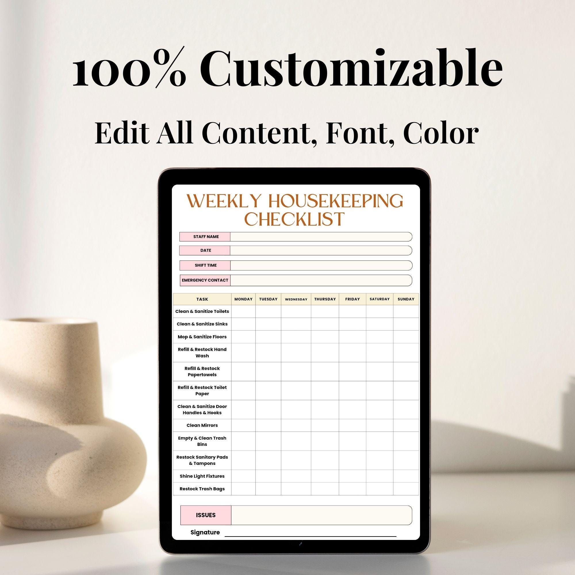 Cleaning Task List, Editable, Printable, Weekly Cleaning Schedule ...