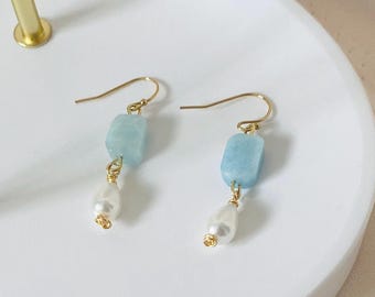 アクアマリンパールドロップイヤリング：14Kゴールドフィルド