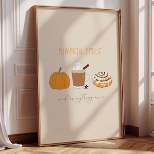 automne citrouille épicée | Art mural de cuisine d'automne confortable Cadeau inspiré par l'hygiène de vie Illustration minimaliste d'ambiances automnales