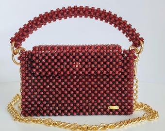 Ruby red beaded bag handmade women bag beaded shoulder bag small handbag