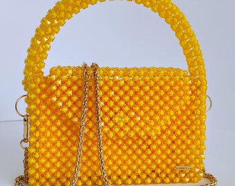 Bright yellow beaded bag handmade women bag beaded bag shoulder bag small handbag