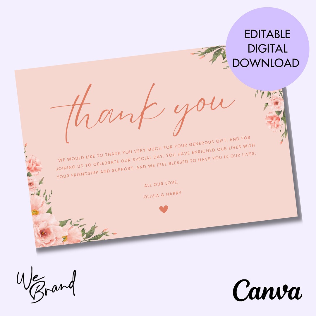 Floral Thank You Card, Editable Canva Template, Customisable Card ...