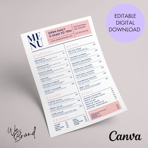 Menú de comida de restaurante, lista de precios de plantilla editable, plantilla de menú empresarial, diseño de menú personalizable, plantilla de lista de precios imprimible, Canva