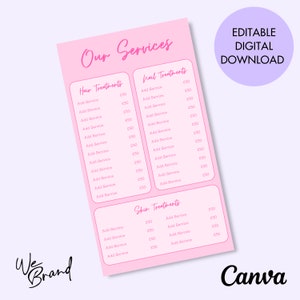 Price List Editable Template, Aesthetic Customisable Menu Card, Pink Beauty Salon Template Design, Printable Hair Stylist Nail Lash Makeup