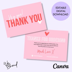 Thank You Card, Editable Canva Template, Pink Script Customisable Order Card, Template, Small Business Thank You Card, Fully Editable, DIY
