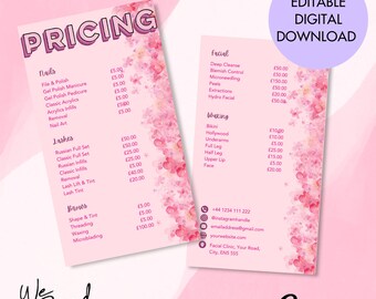 May include: A pink and white price list for a beauty salon. The list includes services such as nails, lashes, brows, waxing, and facials. The prices are listed in pounds sterling. The salon's name is "We Brand" and the contact information is listed at the bottom.