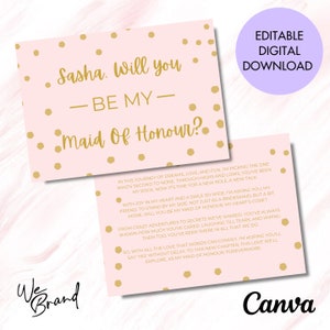 Will you be my Maid Of Honor Poem Proposal Card Template, Editable Proposal Card, Bridesmaid Card, Poem Template, Canva Template, Pink Dots