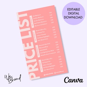 Pink Price List Editable Template, Aesthetic Customisable Menu Card, Beauty Salon Template Design, Printable Hair Stylist Nail Lash Makeup