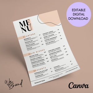 Restaurant Food Menu, Editable Template Price List, Business Menu Template, Customisable Menu Design, Printable Price List Template, Canva