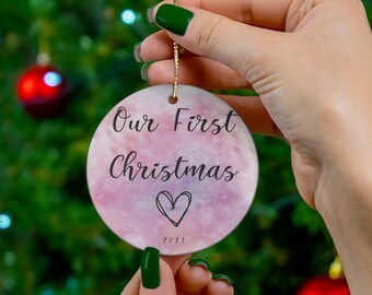 Our First Christmas 2023 Ceramic Circle Ornament - Heart Design Holiday Decor