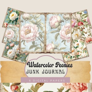Watercolor Peonies Junk Journal Kit - Printable Vintage Paper & Collage Sheets - DIY Peony Art Journal Pages, Printable SG-008