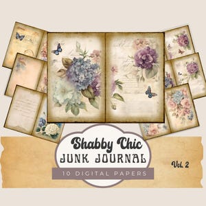 Diario vintage Shabby Chic Junk / Pagine di effimeri floreali vintage / Carta per scrapbooking stampabile blu / Carta digitale stampabile con rose Shabby Chic