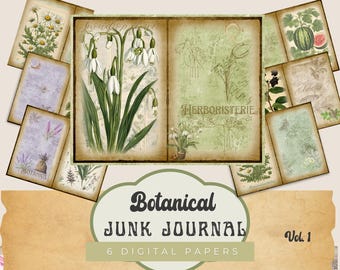 Vintage Botanische Junk Journal Seiten, Botanische Ephemera, Natur inspirierte Scrapbook zum Ausdrucken, Digital Collage, Instant Download
