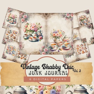 Whimsical Shabby Chic Tea-themed Junk Journal with Floral Prints, Tea party journal, Printable Pages - Floral Ephemera, SG-023