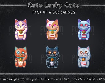 Lucky Cats Twitch Sub Badges - Pack of 6 / Maneki Neko Badges for Streaming