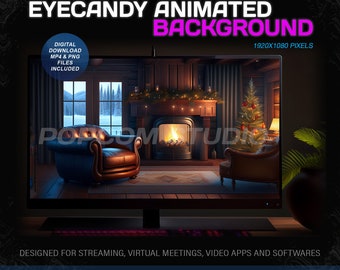 Animierter Hintergrund für Streamen 1920x1080 - Gemütliches Weihnachts-Wohnzimmer mit Kamin Animierter Hintergrund