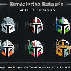 Puede incluir: Seis diseños diferentes de cascos Mandalorianos, cada uno con un esquema de color único. Los cascos están dispuestos en dos filas de tres, con el texto "Mandalorian Helmets" y "PACK OF 6 SUB BADGES" en la parte superior. El texto en la parte inferior dice "All our badges are designed for Twitch and come in 72x72 - 36x36 - 18x18".