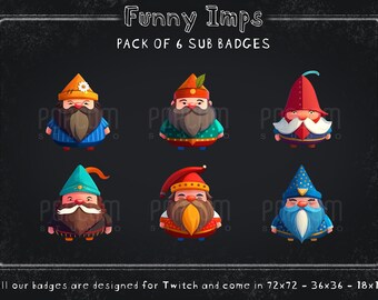 Funny Gnomes Twitch Sub Badges - Pack of 6 / Colorful Badges for Streaming
