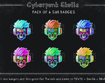 Twitch Sub Badges, Cyberpunk Skulls, Futuristic Emotes (Set of 6)