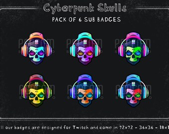 Twitch Sub Badges, Cyberpunk Skulls, Futuristic Emotes - Set of 6