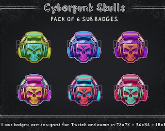 Twitch Sub Badges, Cyberpunk Skulls : Futuristic Emotes (Set of 6) (PNG)