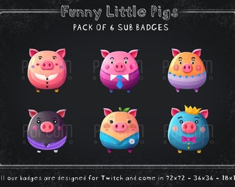 Funny Little Pigs Twitch Sub Badges - Pack of 6 / Colorful Badges for Streaming