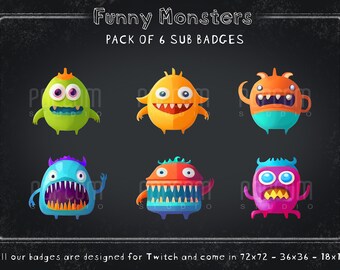 Funny Monsters Twitch Sub Badges - Pack of 6 / Colorful Badges for Streaming