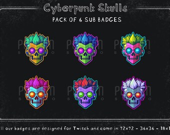 Cyberpunk Skulls Twitch Sub Badges: Dystopian Flair (Set of 6)