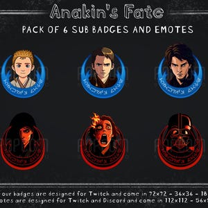 Könnte beinhalten: Ein Set mit sechs digitalen Abzeichen und Emojis, die verschiedene Illustrationen von Anakin Skywalker aus dem Star Wars-Franchise zeigen. Die Abzeichen und Emojis sind für Twitch und Discord konzipiert. Der Text "Anakin's Fate" befindet sich oben im Bild.