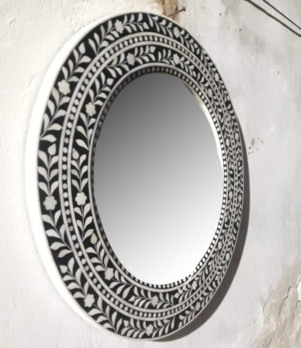 Round Black And White Floral Bone Inlay Wall Mirror - World Market