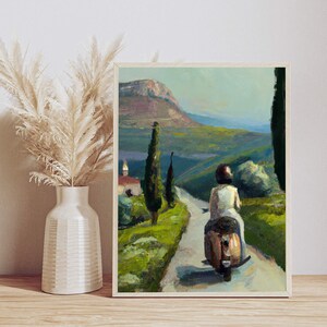 Vespa Painting - Guy Riding Motorcycle - Retro Motorcycle Wall Art - Digital Download - Countryside Scooter Poster - Motorcycle Print