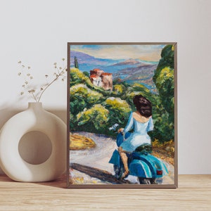 Vintage Vespa Girl - Retro Motorcycle Rider - Printable Wall Art - Mid Century Modern Oil Painting - Vintage Poster - Modernism Decor