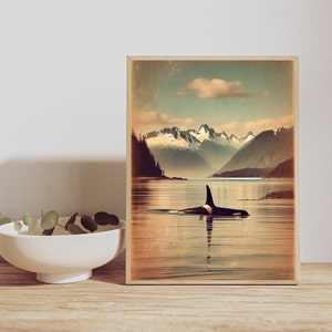 Vintage Orca Bay Druck - British Columbia Wandkunst - Schneebedeckte Berge - Ozean Wildtier - Kanadisches Naturdekor - Schwertwal Poster - BC Kunst