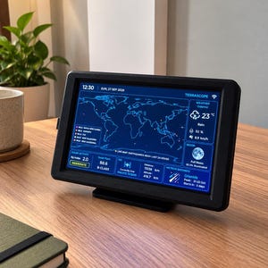 Könnte beinhalten: Ein schwarzer digitaler Terrascope-Bildschirm, der eine Weltkarte mit Live-Erdbebendaten, Wetterinformationen, Sonnenaktivität, Mondphase und ISS-Tracking anzeigt. Die Benutzeroberfläche zeigt blauen Text und Grafiken auf dunklem Hintergrund.