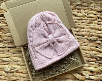 Pink Knitted Baby Beanie Hat with Bow | Knitted Hat | Warm Hat | Cute Baby Hat