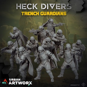 Könnte beinhalten: Ein Set aus zehn grauen Miniatur-Soldatenfiguren mit dem Titel HECK DIVERS TRENCH GUARDIANS. Jede Figur trägt einen Helm, einen Brustpanzer und einen Umhang und hält ein futuristisches Gewehr. Die Figuren sind in einer Gruppe in Kampfposen angeordnet.